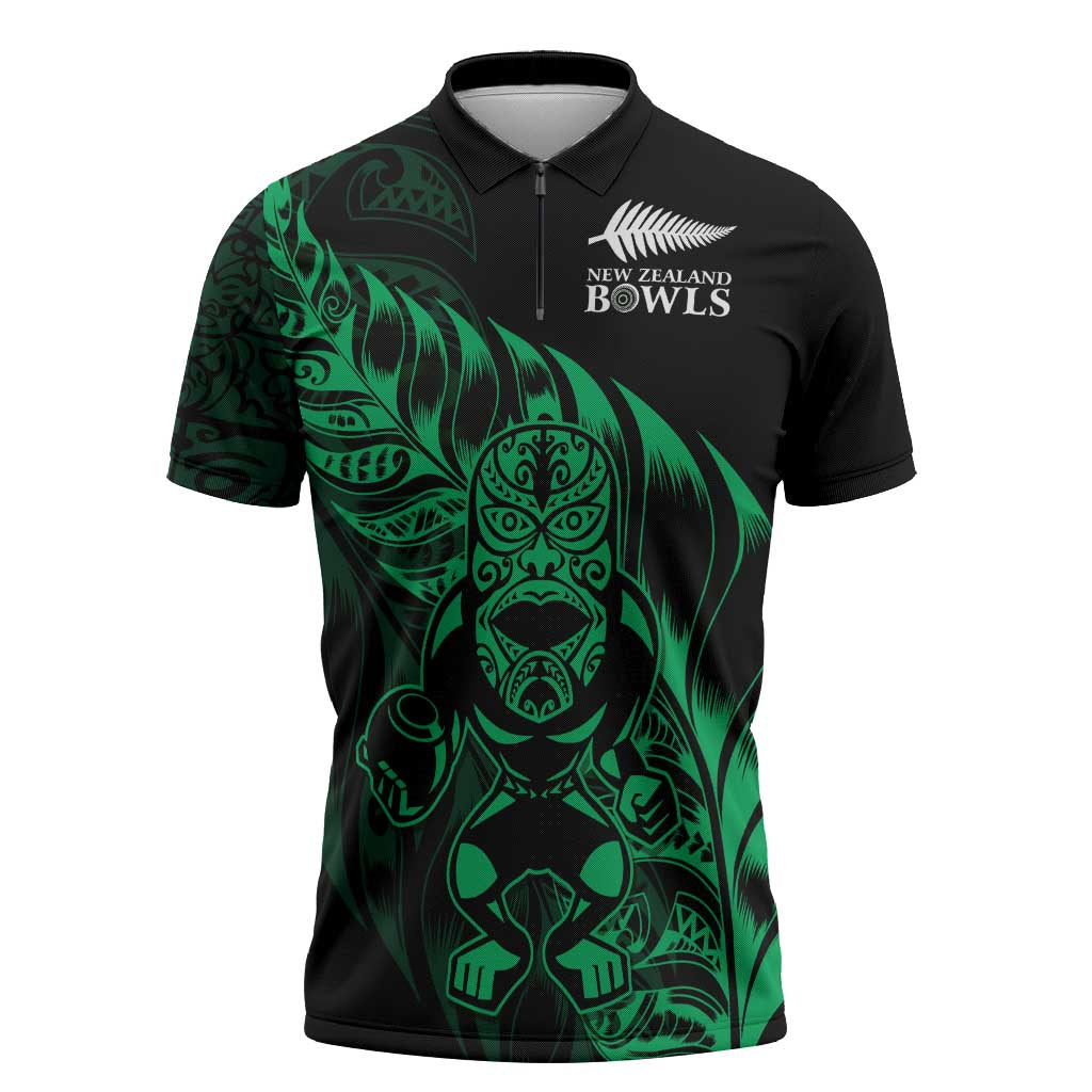 New Zealand Lawn Bowls Custom Zipper Polo Shirt Green Maori Warrior Tribal Silver Fern LT9 Green - Polynesian Pride