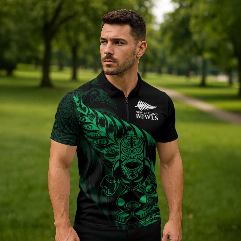 New Zealand Lawn Bowls Custom Zipper Polo Shirt Green Maori Warrior Tribal Silver Fern LT9 - Polynesian Pride