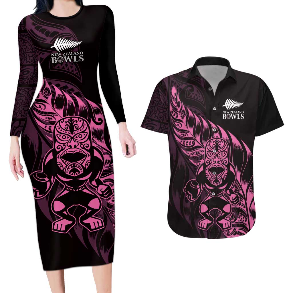 New Zealand Lawn Bowls Custom Couples Matching Long Sleeve Bodycon Dress and Hawaiian Shirt Pink Maori Warrior Tribal Silver Fern LT9 Pink - Polynesian Pride