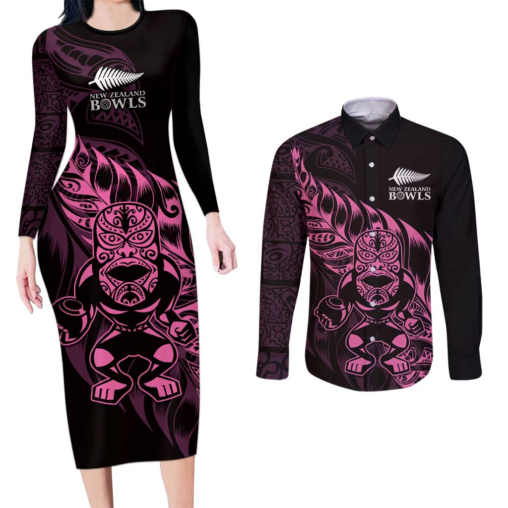 New Zealand Lawn Bowls Custom Couples Matching Long Sleeve Bodycon Dress and Long Sleeve Button Shirt Pink Maori Warrior Tribal Silver Fern LT9 Pink - Polynesian Pride
