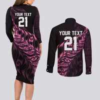 New Zealand Lawn Bowls Custom Couples Matching Long Sleeve Bodycon Dress and Long Sleeve Button Shirt Pink Maori Warrior Tribal Silver Fern LT9 - Polynesian Pride
