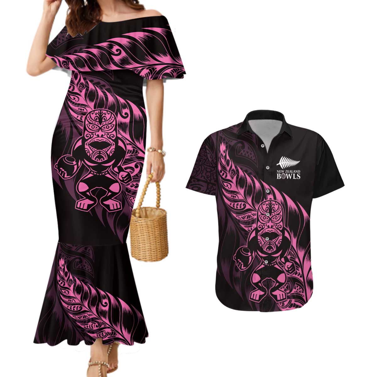 New Zealand Lawn Bowls Custom Couples Matching Mermaid Dress and Hawaiian Shirt Pink Maori Warrior Tribal Silver Fern LT9 Pink - Polynesian Pride