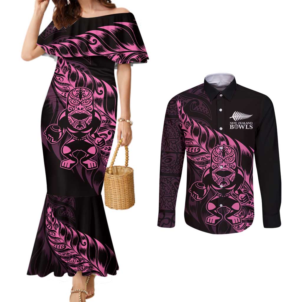 New Zealand Lawn Bowls Custom Couples Matching Mermaid Dress and Long Sleeve Button Shirt Pink Maori Warrior Tribal Silver Fern - Polynesian Pride