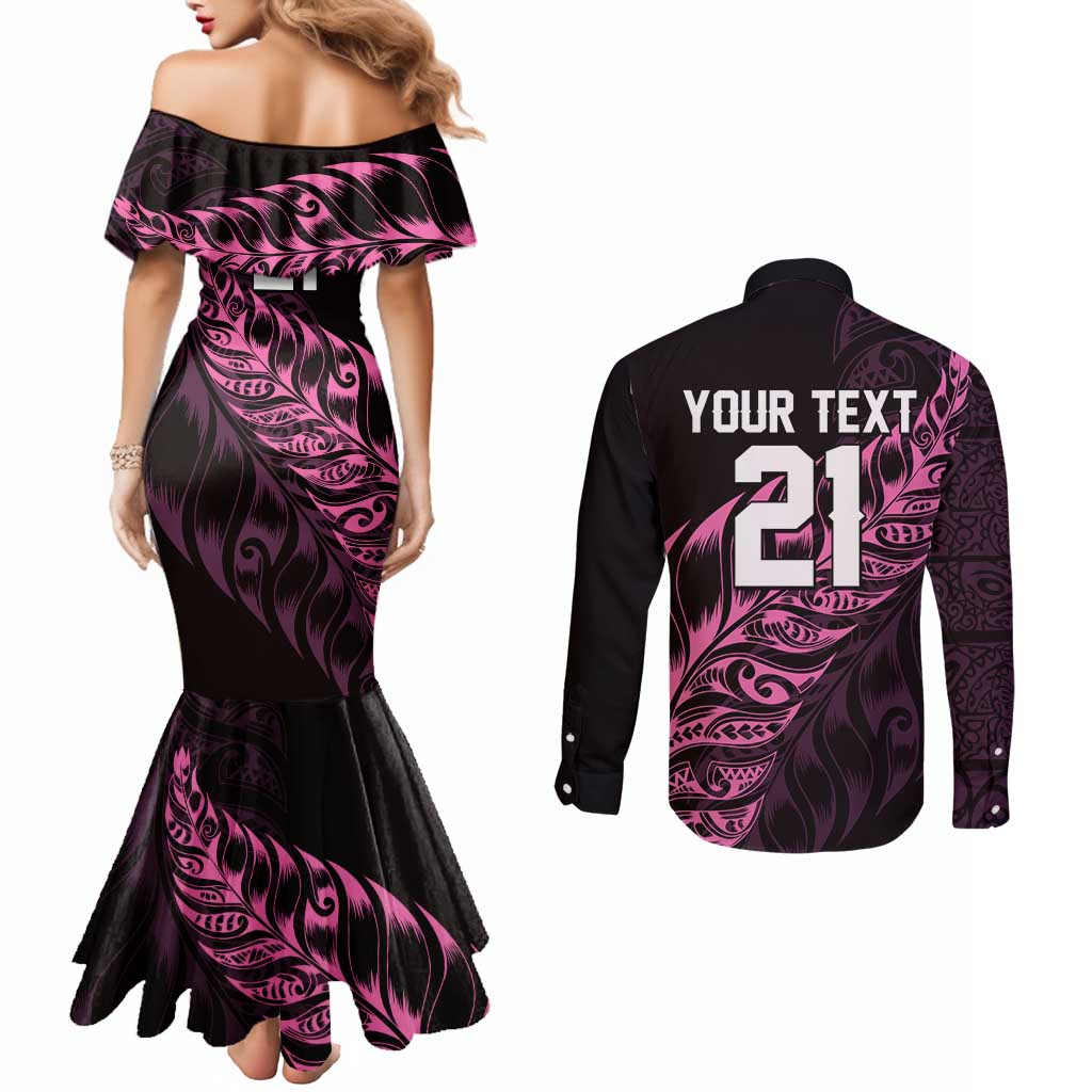 New Zealand Lawn Bowls Custom Couples Matching Mermaid Dress and Long Sleeve Button Shirt Pink Maori Warrior Tribal Silver Fern LT9 - Polynesian Pride