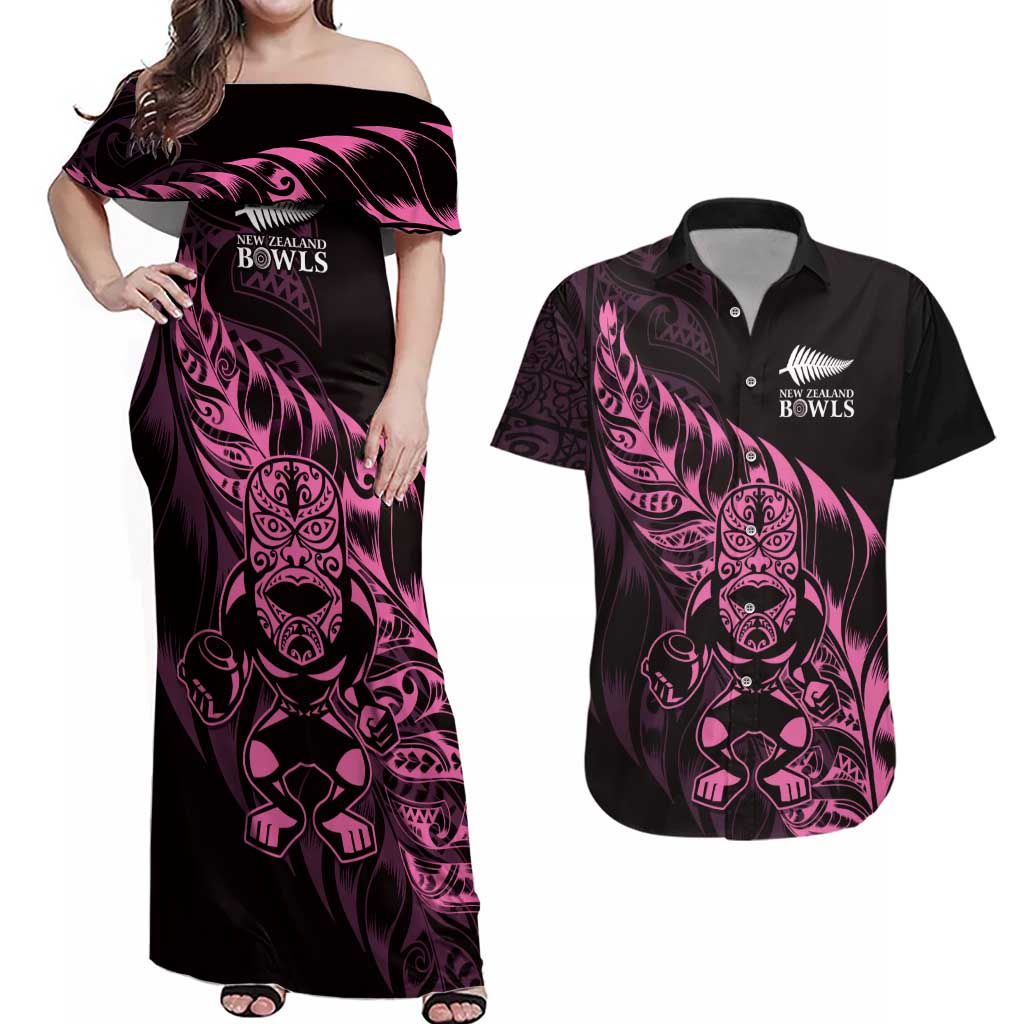 New Zealand Lawn Bowls Custom Couples Matching Off Shoulder Maxi Dress and Hawaiian Shirt Pink Maori Warrior Tribal Silver Fern LT9 Pink - Polynesian Pride