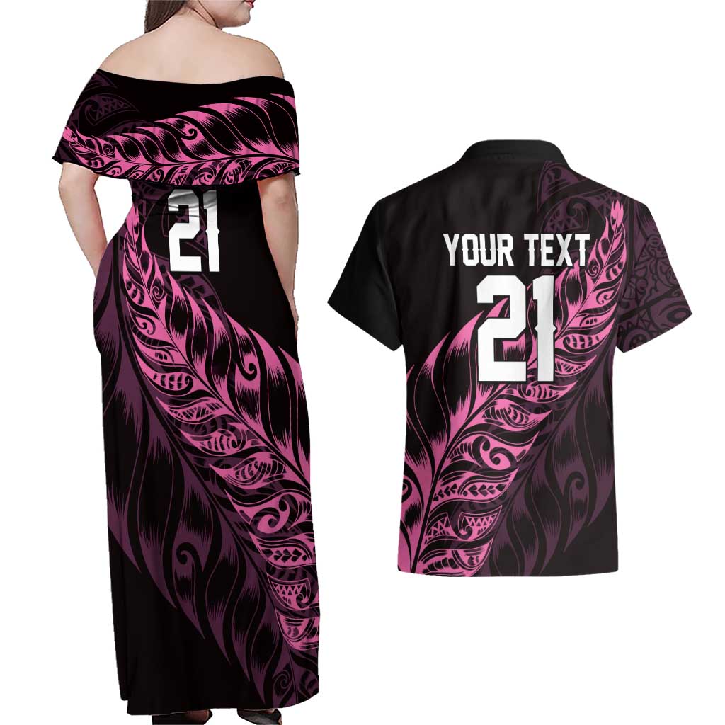 New Zealand Lawn Bowls Custom Couples Matching Off Shoulder Maxi Dress and Hawaiian Shirt Pink Maori Warrior Tribal Silver Fern LT9 - Polynesian Pride