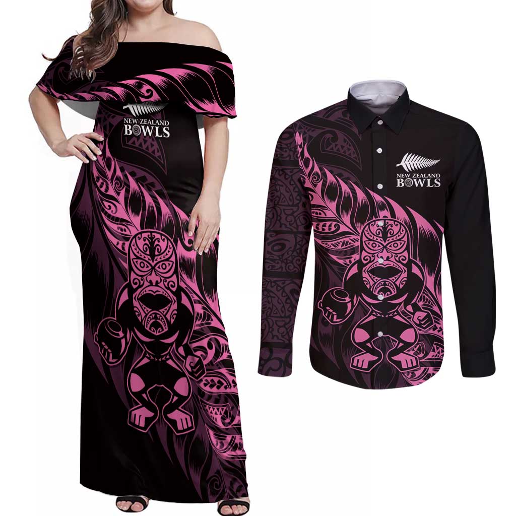 New Zealand Lawn Bowls Custom Couples Matching Off Shoulder Maxi Dress and Long Sleeve Button Shirt Pink Maori Warrior Tribal Silver Fern LT9 Pink - Polynesian Pride