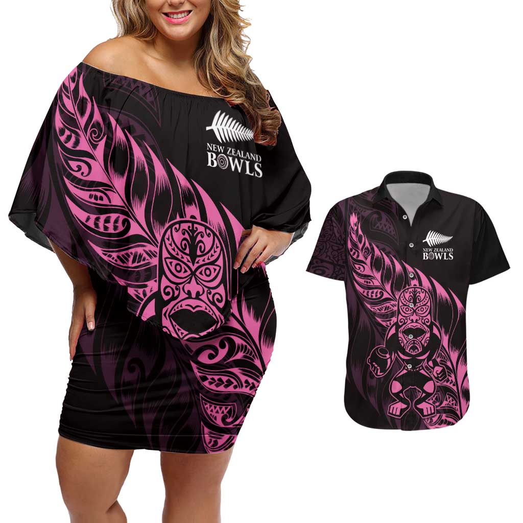 New Zealand Lawn Bowls Custom Couples Matching Off Shoulder Short Dress and Hawaiian Shirt Pink Maori Warrior Tribal Silver Fern LT9 Pink - Polynesian Pride