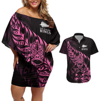 New Zealand Lawn Bowls Custom Couples Matching Off Shoulder Short Dress and Hawaiian Shirt Pink Maori Warrior Tribal Silver Fern LT9 Pink - Polynesian Pride