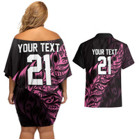 New Zealand Lawn Bowls Custom Couples Matching Off Shoulder Short Dress and Hawaiian Shirt Pink Maori Warrior Tribal Silver Fern LT9 - Polynesian Pride