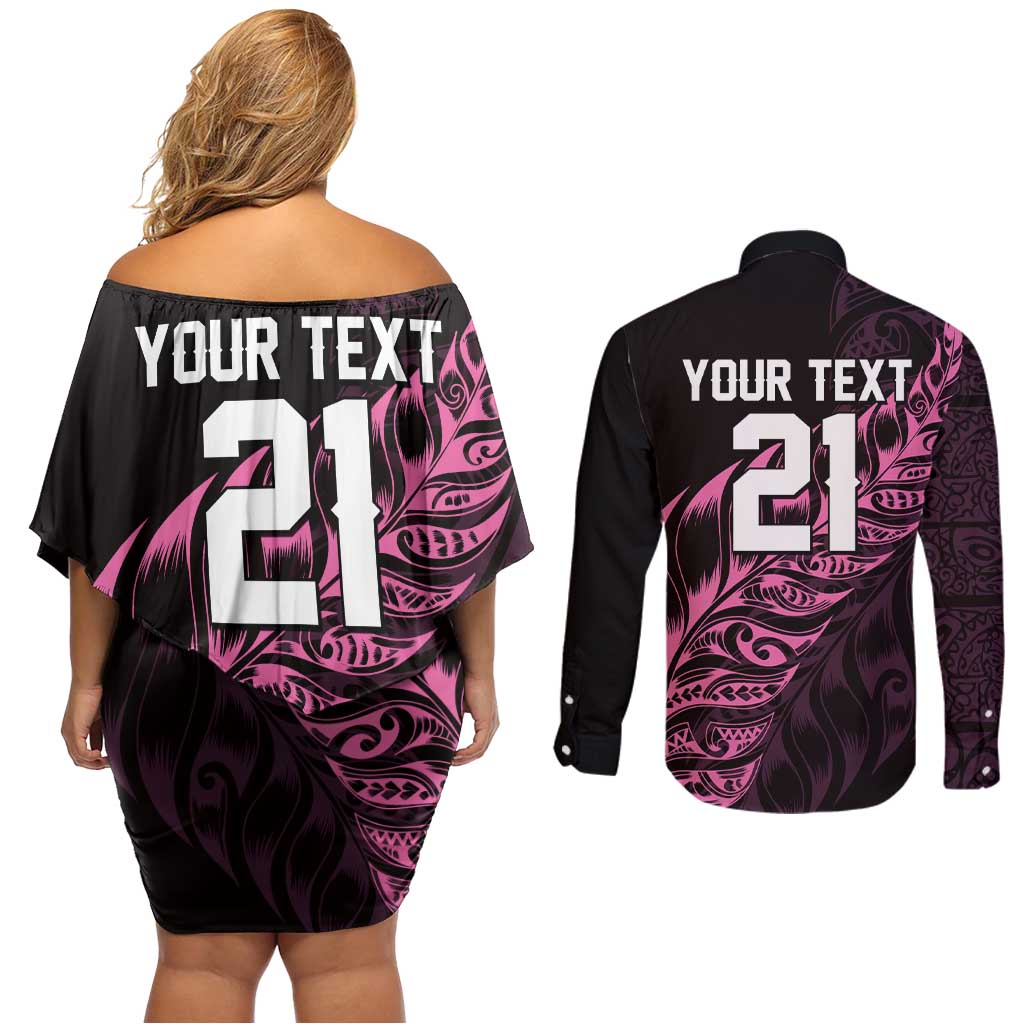New Zealand Lawn Bowls Custom Couples Matching Off Shoulder Short Dress and Long Sleeve Button Shirt Pink Maori Warrior Tribal Silver Fern LT9 - Polynesian Pride