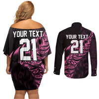 New Zealand Lawn Bowls Custom Couples Matching Off Shoulder Short Dress and Long Sleeve Button Shirt Pink Maori Warrior Tribal Silver Fern LT9 - Polynesian Pride