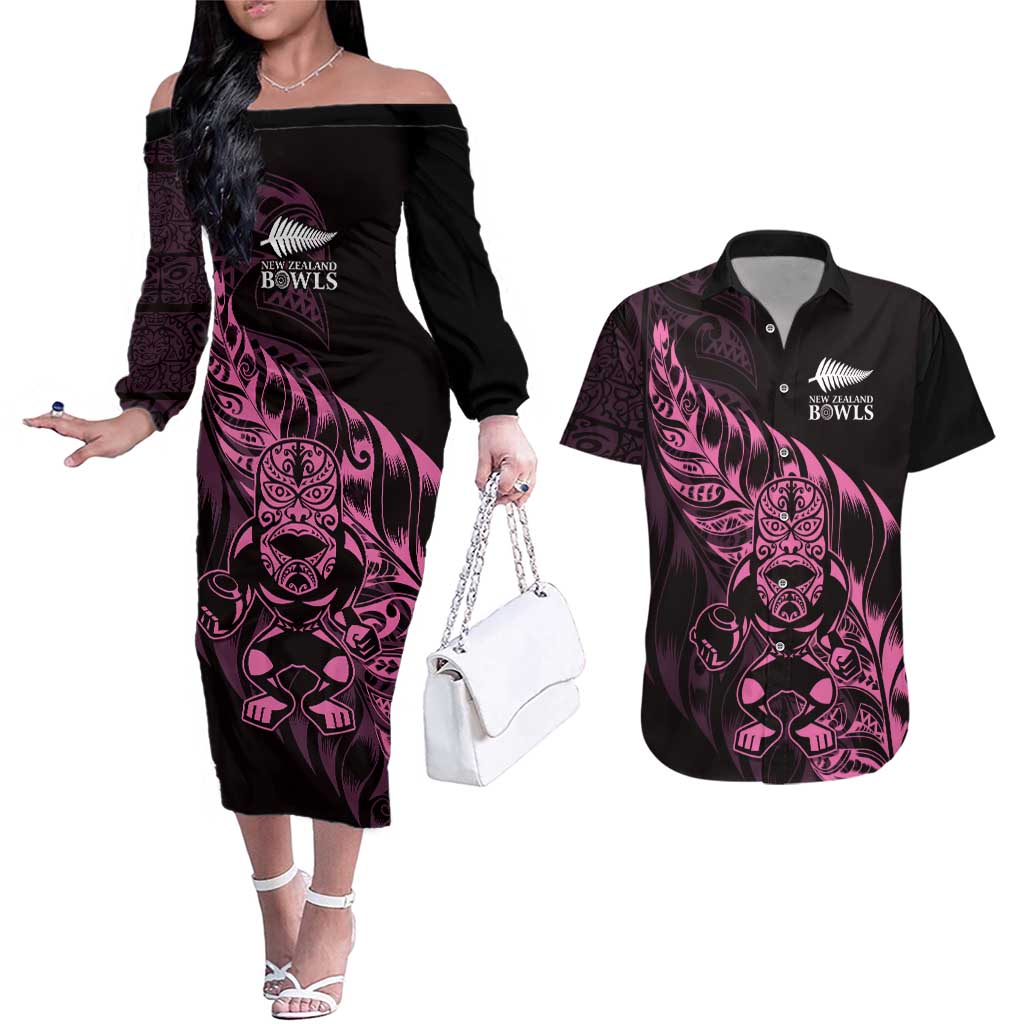 New Zealand Lawn Bowls Custom Couples Matching Off The Shoulder Long Sleeve Dress and Hawaiian Shirt Pink Maori Warrior Tribal Silver Fern LT9 Pink - Polynesian Pride