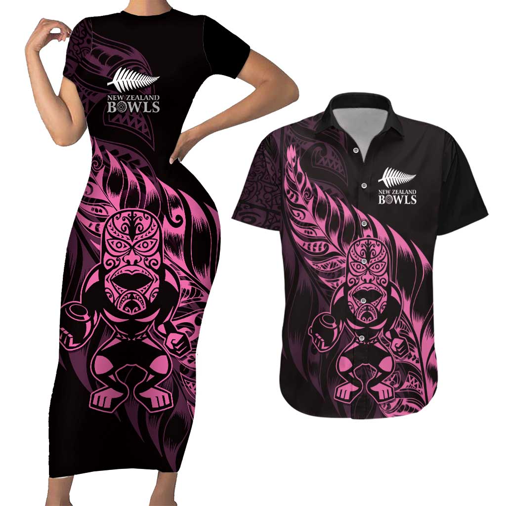 New Zealand Lawn Bowls Custom Couples Matching Short Sleeve Bodycon Dress and Hawaiian Shirt Pink Maori Warrior Tribal Silver Fern - Polynesian Pride