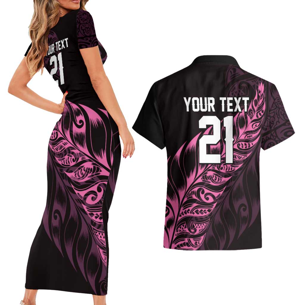 New Zealand Lawn Bowls Custom Couples Matching Short Sleeve Bodycon Dress and Hawaiian Shirt Pink Maori Warrior Tribal Silver Fern LT9 - Polynesian Pride