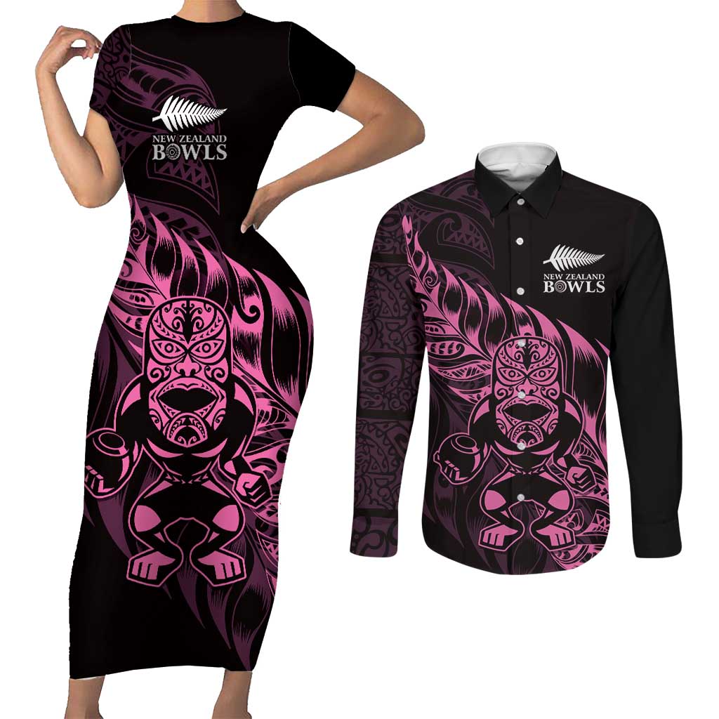 New Zealand Lawn Bowls Custom Couples Matching Short Sleeve Bodycon Dress and Long Sleeve Button Shirt Pink Maori Warrior Tribal Silver Fern - Polynesian Pride