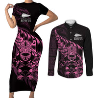 New Zealand Lawn Bowls Custom Couples Matching Short Sleeve Bodycon Dress and Long Sleeve Button Shirt Pink Maori Warrior Tribal Silver Fern LT9 Pink - Polynesian Pride