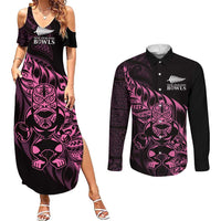 New Zealand Lawn Bowls Custom Couples Matching Summer Maxi Dress and Long Sleeve Button Shirt Pink Maori Warrior Tribal Silver Fern LT9 Pink - Polynesian Pride