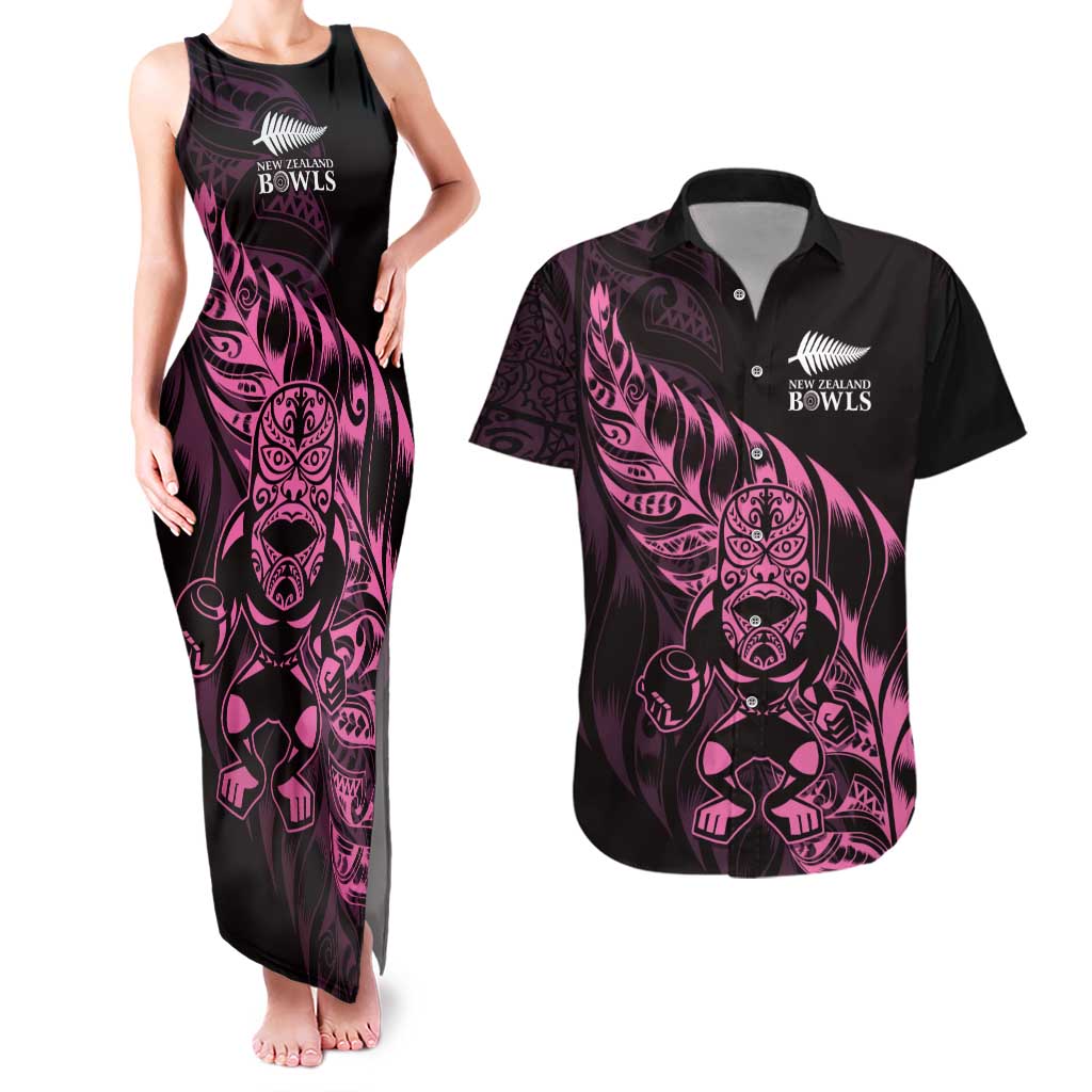 New Zealand Lawn Bowls Custom Couples Matching Tank Maxi Dress and Hawaiian Shirt Pink Maori Warrior Tribal Silver Fern - Polynesian Pride