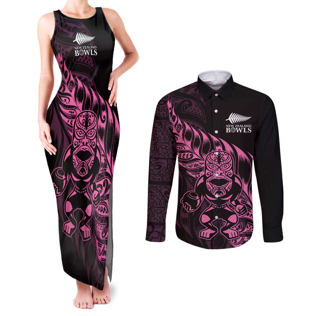 New Zealand Lawn Bowls Custom Couples Matching Tank Maxi Dress and Long Sleeve Button Shirt Pink Maori Warrior Tribal Silver Fern LT9 Pink - Polynesian Pride