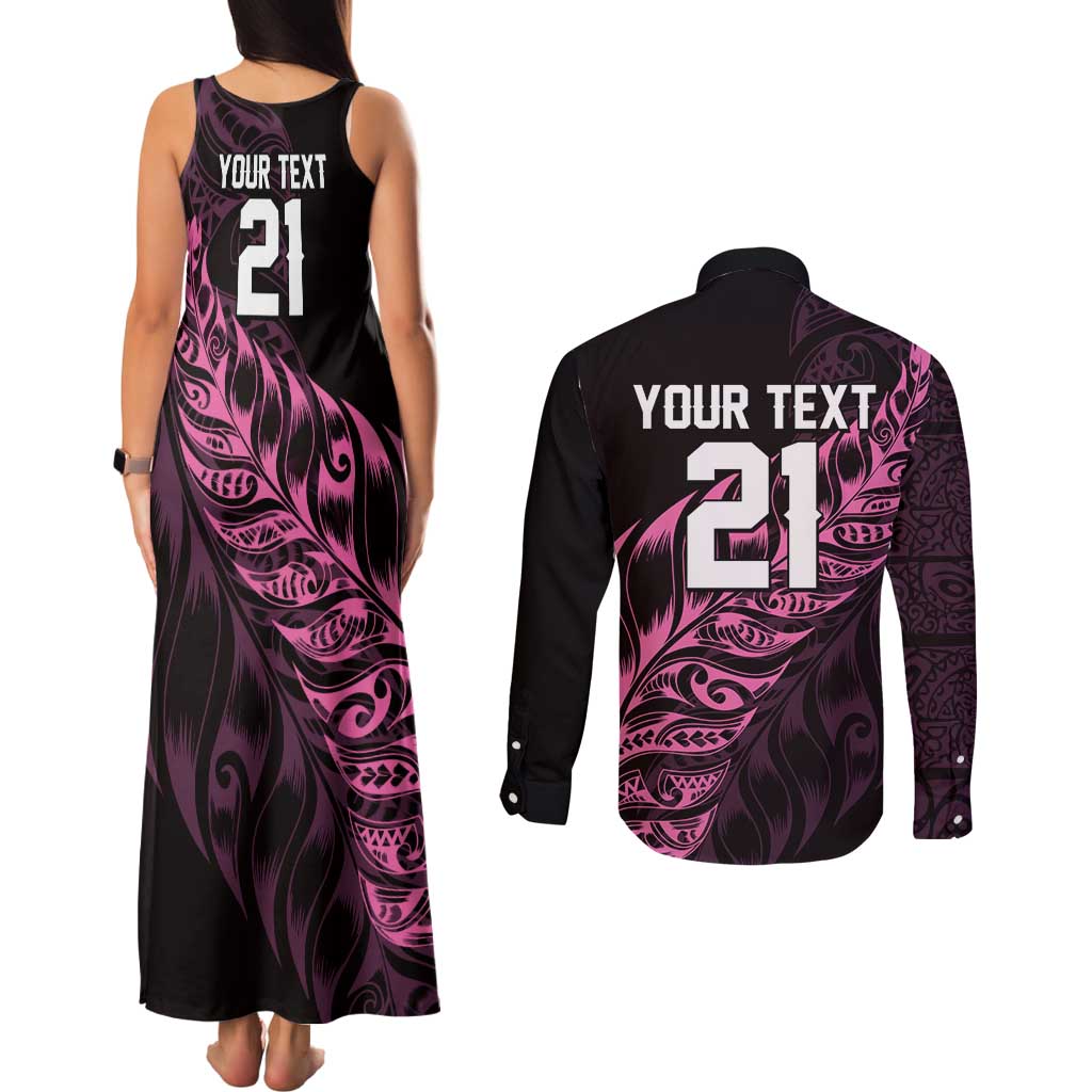 New Zealand Lawn Bowls Custom Couples Matching Tank Maxi Dress and Long Sleeve Button Shirt Pink Maori Warrior Tribal Silver Fern LT9 - Polynesian Pride