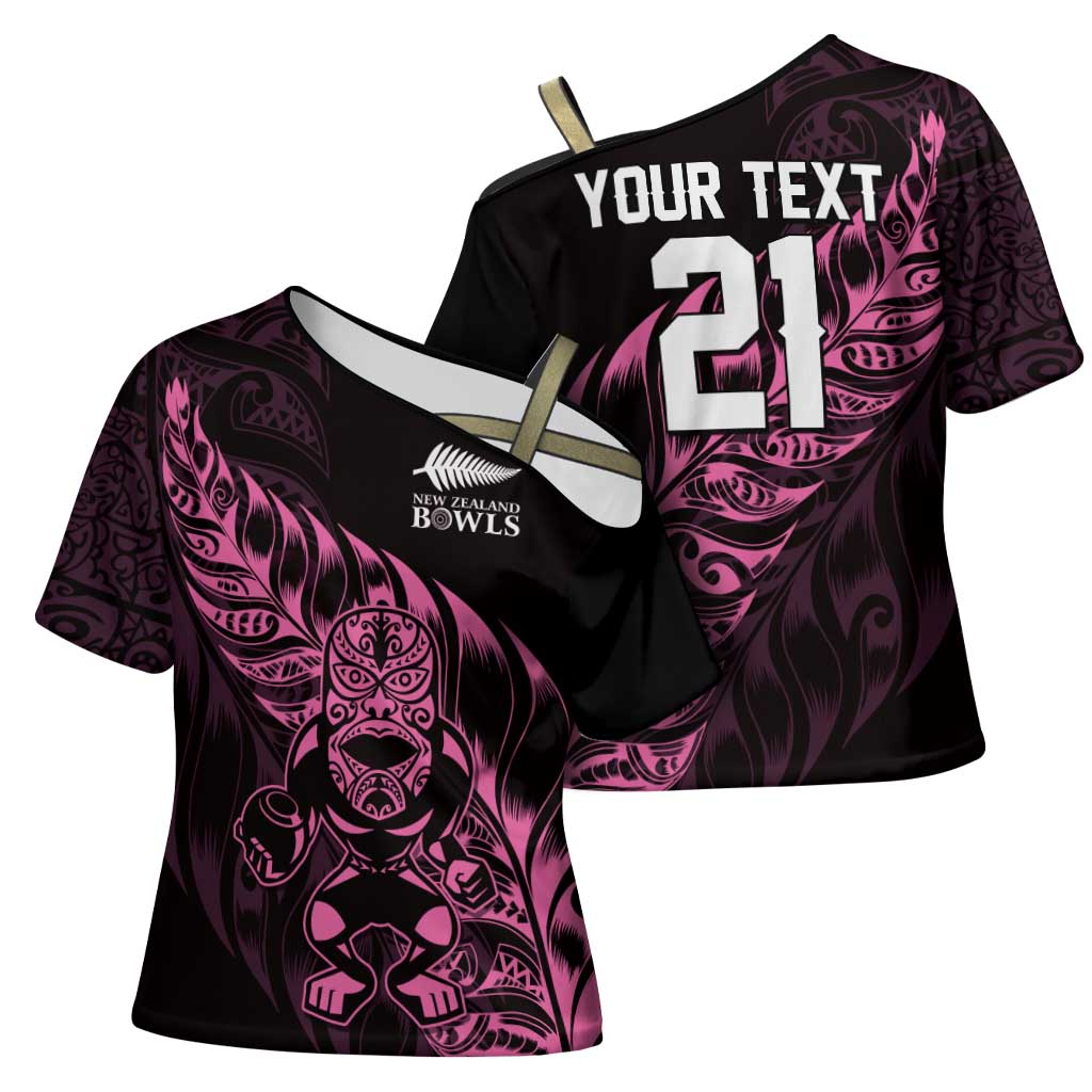 New Zealand Lawn Bowls Custom Cross Shoulder Shirt Pink Maori Warrior Tribal Silver Fern - Polynesian Pride