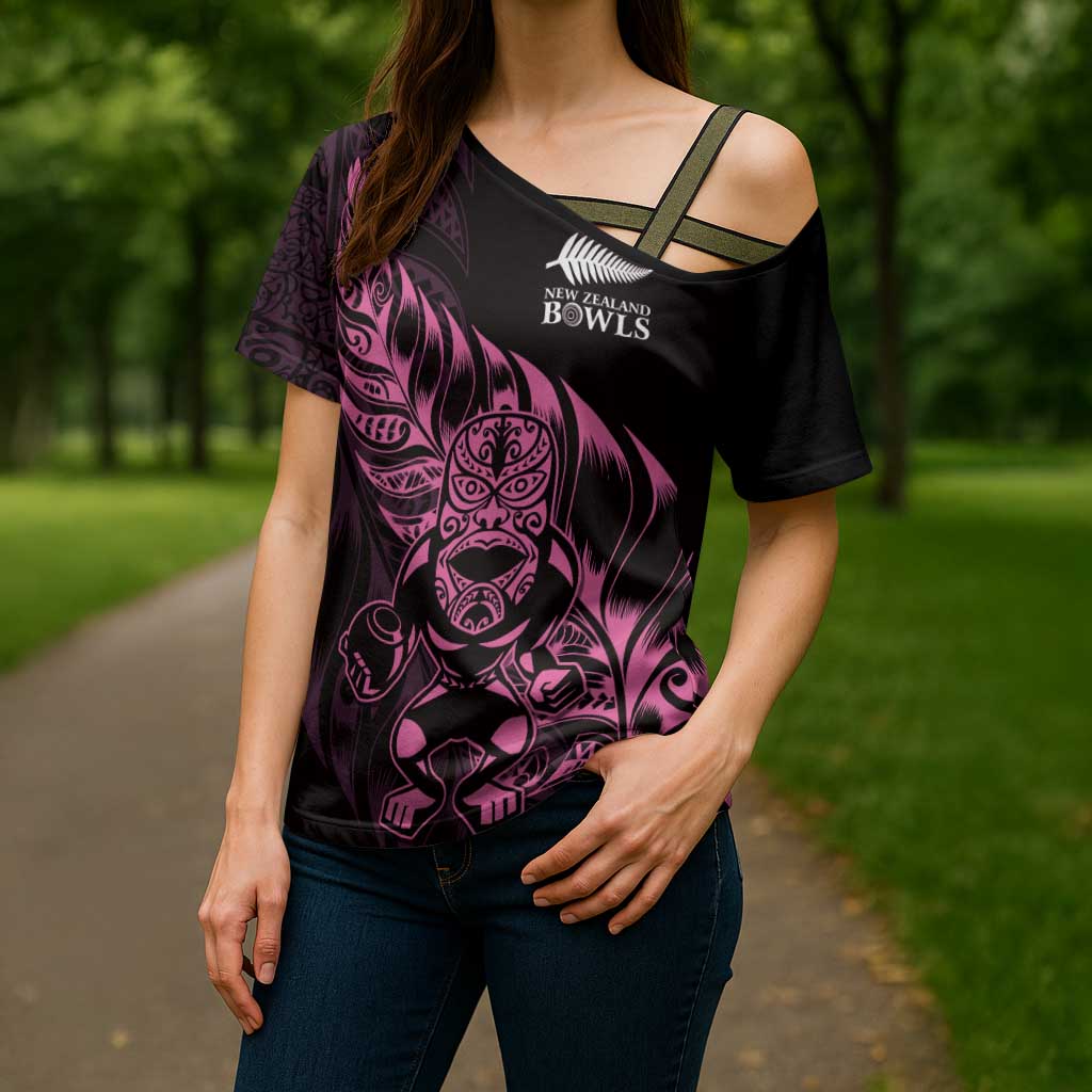 New Zealand Lawn Bowls Custom Cross Shoulder Shirt Pink Maori Warrior Tribal Silver Fern - Polynesian Pride