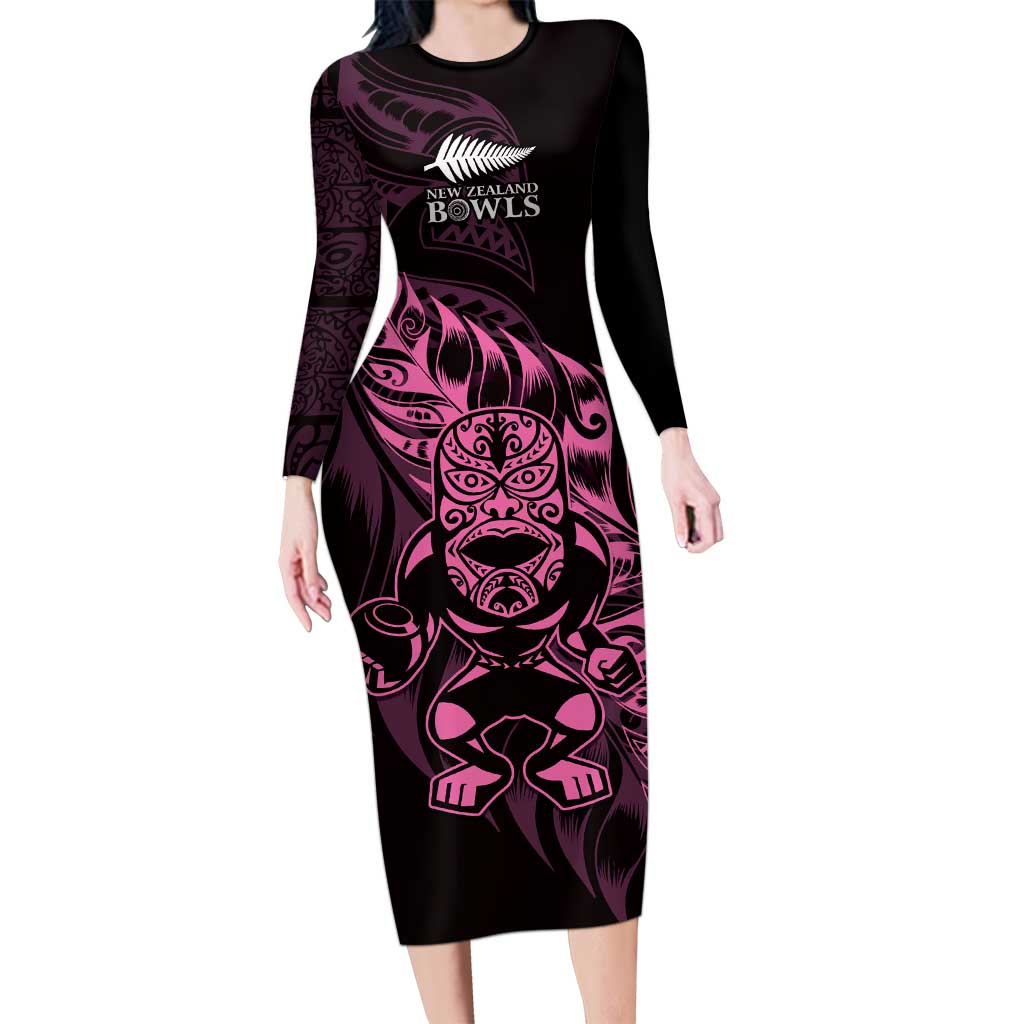 New Zealand Lawn Bowls Custom Family Matching Long Sleeve Bodycon Dress and Hawaiian Shirt Pink Maori Warrior Tribal Silver Fern LT9 Mom's Dress Pink - Polynesian Pride