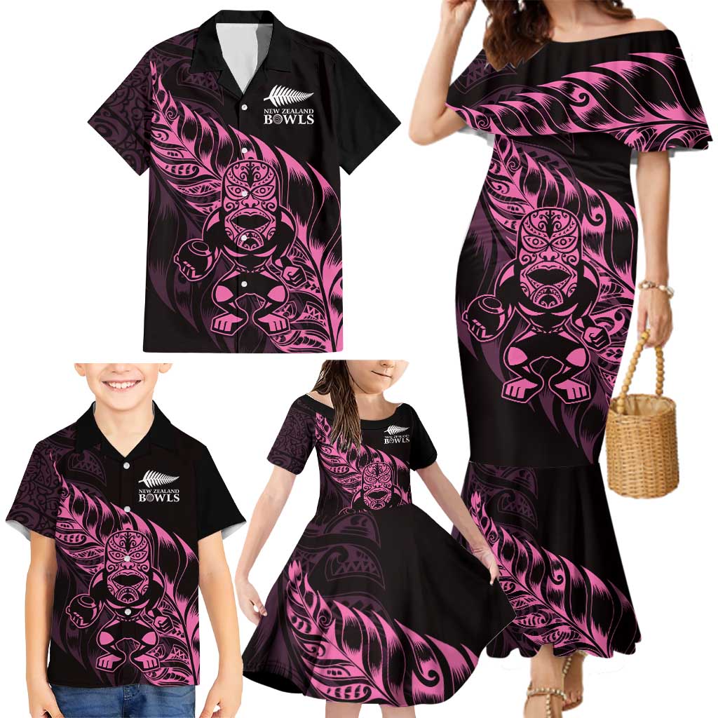 New Zealand Lawn Bowls Custom Family Matching Mermaid Dress and Hawaiian Shirt Pink Maori Warrior Tribal Silver Fern - Polynesian Pride