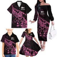 New Zealand Lawn Bowls Custom Family Matching Off The Shoulder Long Sleeve Dress and Hawaiian Shirt Pink Maori Warrior Tribal Silver Fern LT9 - Polynesian Pride
