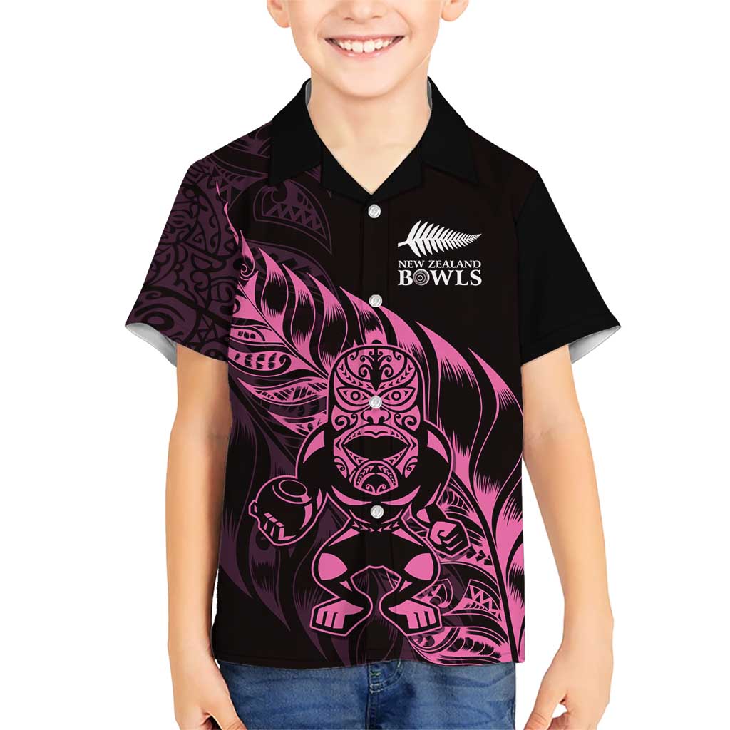 New Zealand Lawn Bowls Custom Family Matching Off The Shoulder Long Sleeve Dress and Hawaiian Shirt Pink Maori Warrior Tribal Silver Fern LT9 Son's Shirt Pink - Polynesian Pride