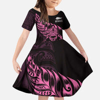 New Zealand Lawn Bowls Custom Family Matching Off Shoulder Maxi Dress and Hawaiian Shirt Pink Maori Warrior Tribal Silver Fern LT9 Daughter's Dress Pink - Polynesian Pride