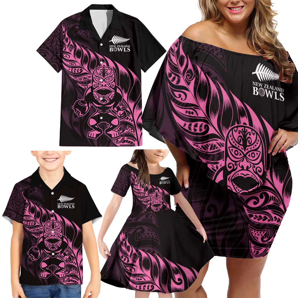 New Zealand Lawn Bowls Custom Family Matching Off Shoulder Short Dress and Hawaiian Shirt Pink Maori Warrior Tribal Silver Fern - Polynesian Pride