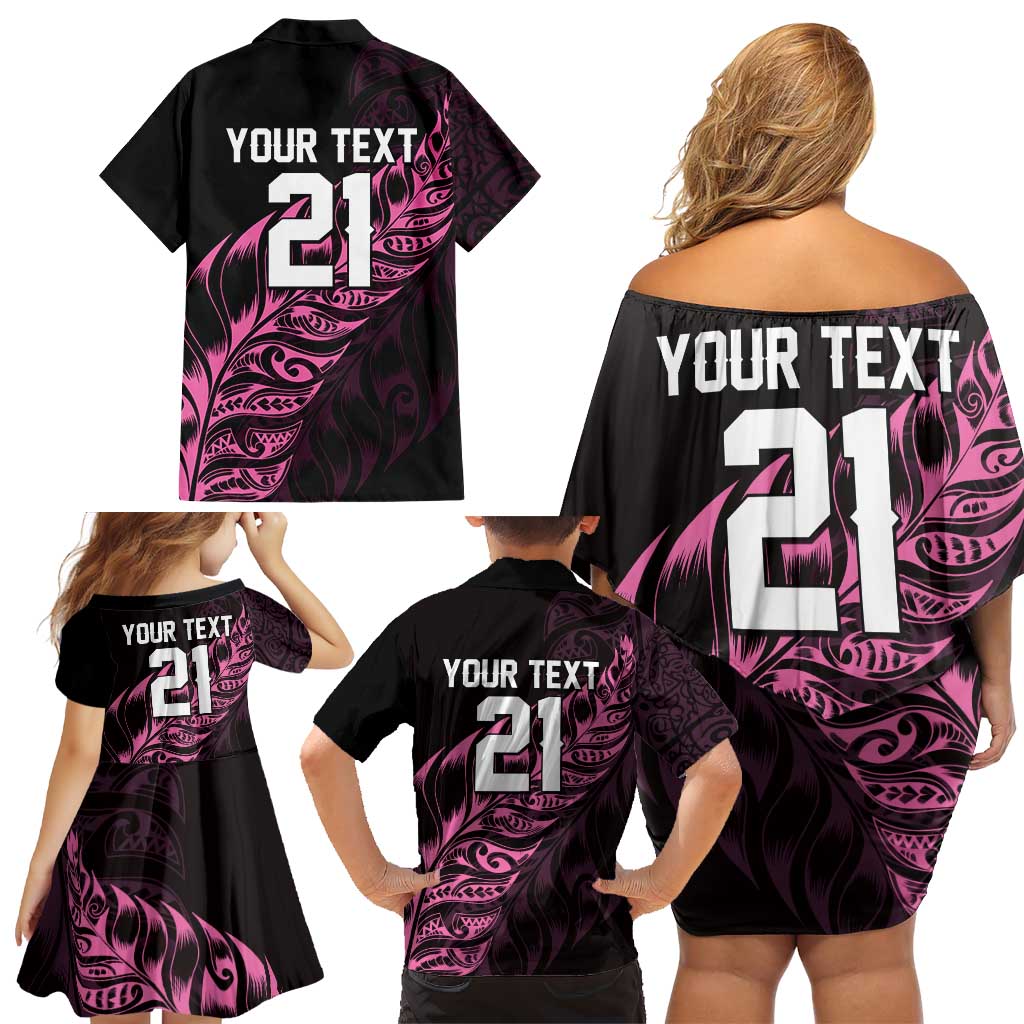 New Zealand Lawn Bowls Custom Family Matching Off Shoulder Short Dress and Hawaiian Shirt Pink Maori Warrior Tribal Silver Fern LT9 - Polynesian Pride