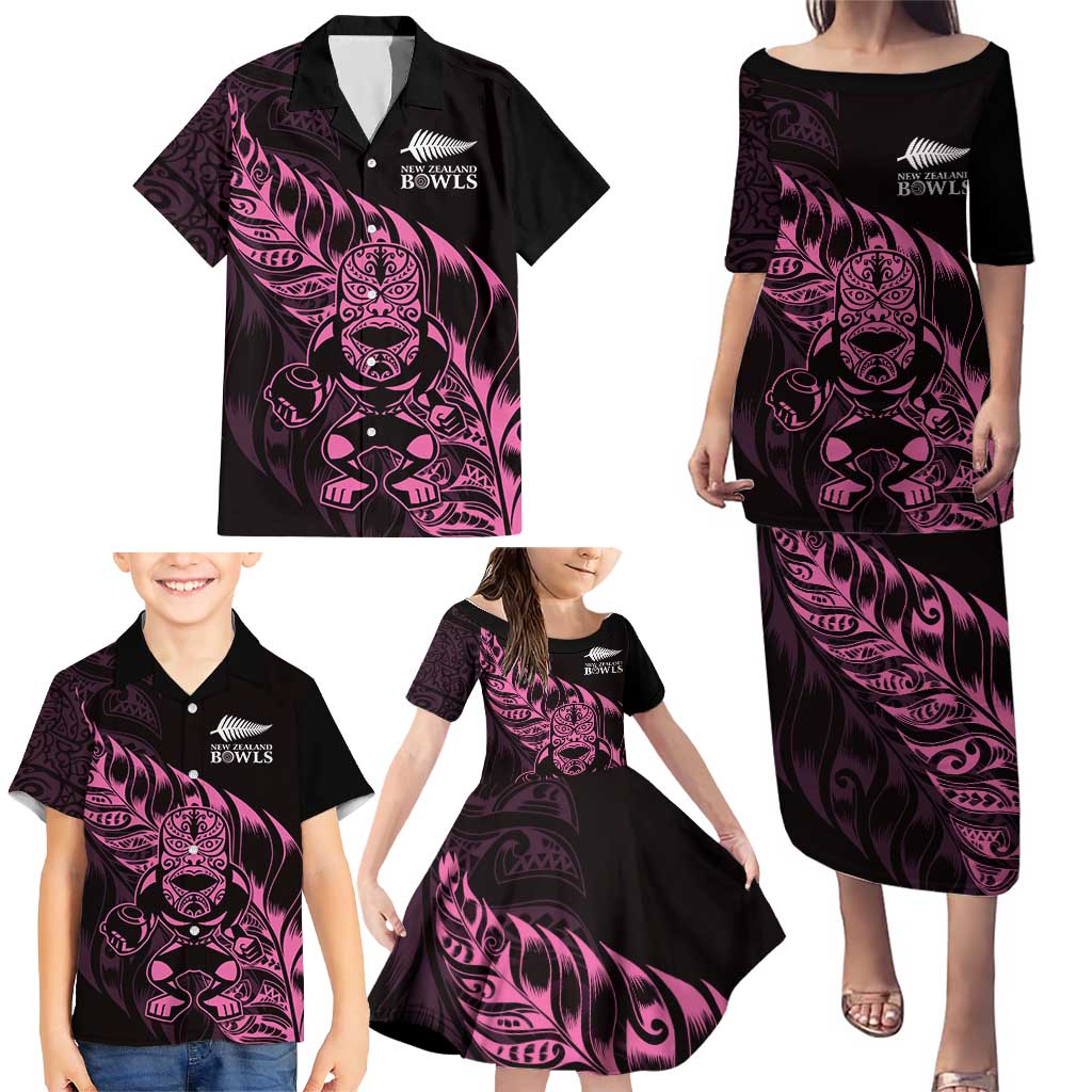 New Zealand Lawn Bowls Custom Family Matching Puletasi and Hawaiian Shirt Pink Maori Warrior Tribal Silver Fern - Polynesian Pride