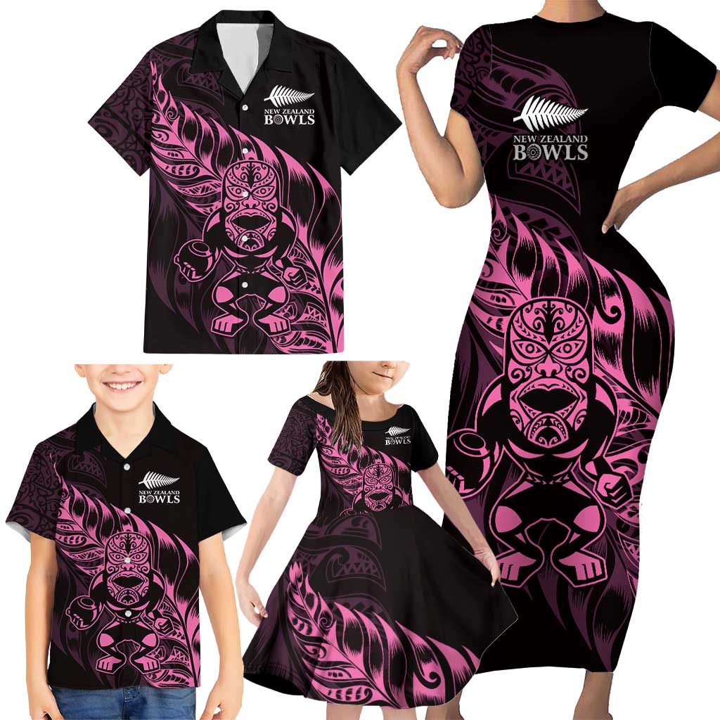 New Zealand Lawn Bowls Custom Family Matching Short Sleeve Bodycon Dress and Hawaiian Shirt Pink Maori Warrior Tribal Silver Fern - Polynesian Pride