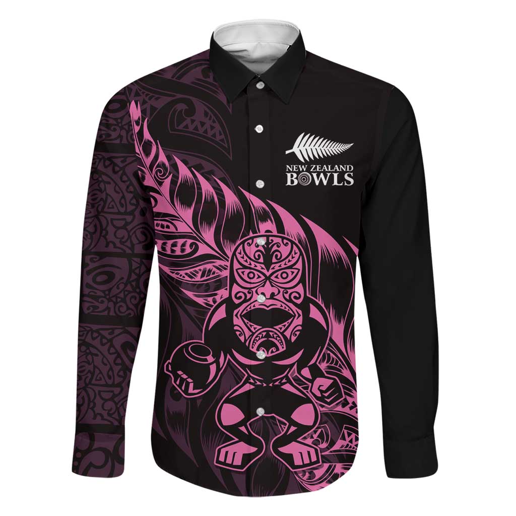 New Zealand Lawn Bowls Custom Family Matching Summer Maxi Dress and Hawaiian Shirt Pink Maori Warrior Tribal Silver Fern LT9 Dad's Shirt - Long Sleeve Pink - Polynesian Pride