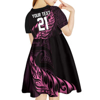 New Zealand Lawn Bowls Custom Kid Short Sleeve Dress Pink Maori Warrior Tribal Silver Fern LT9 - Polynesian Pride
