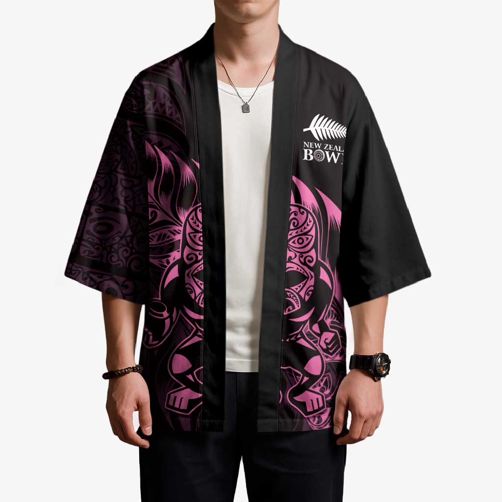 New Zealand Lawn Bowls Custom Kimono Pink Maori Warrior Tribal Silver Fern - Polynesian Pride