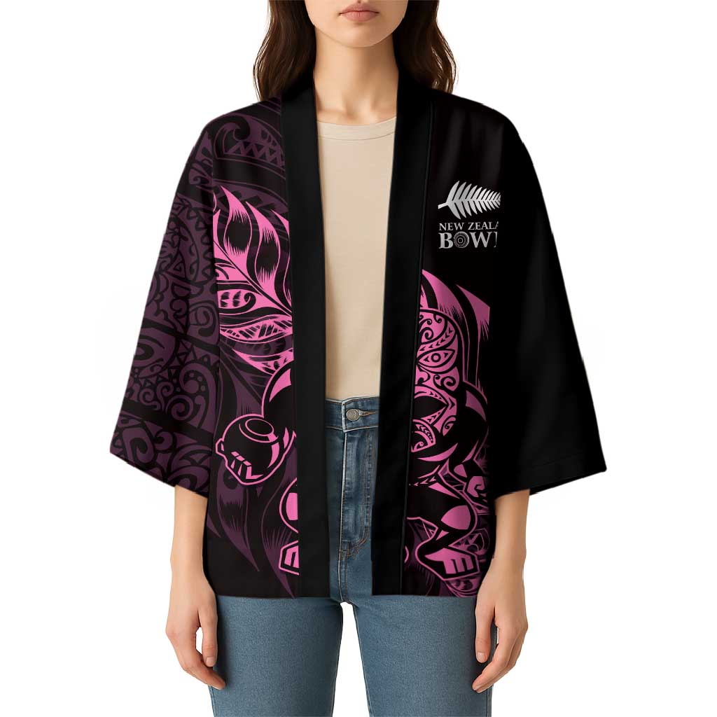 New Zealand Lawn Bowls Custom Kimono Pink Maori Warrior Tribal Silver Fern - Polynesian Pride