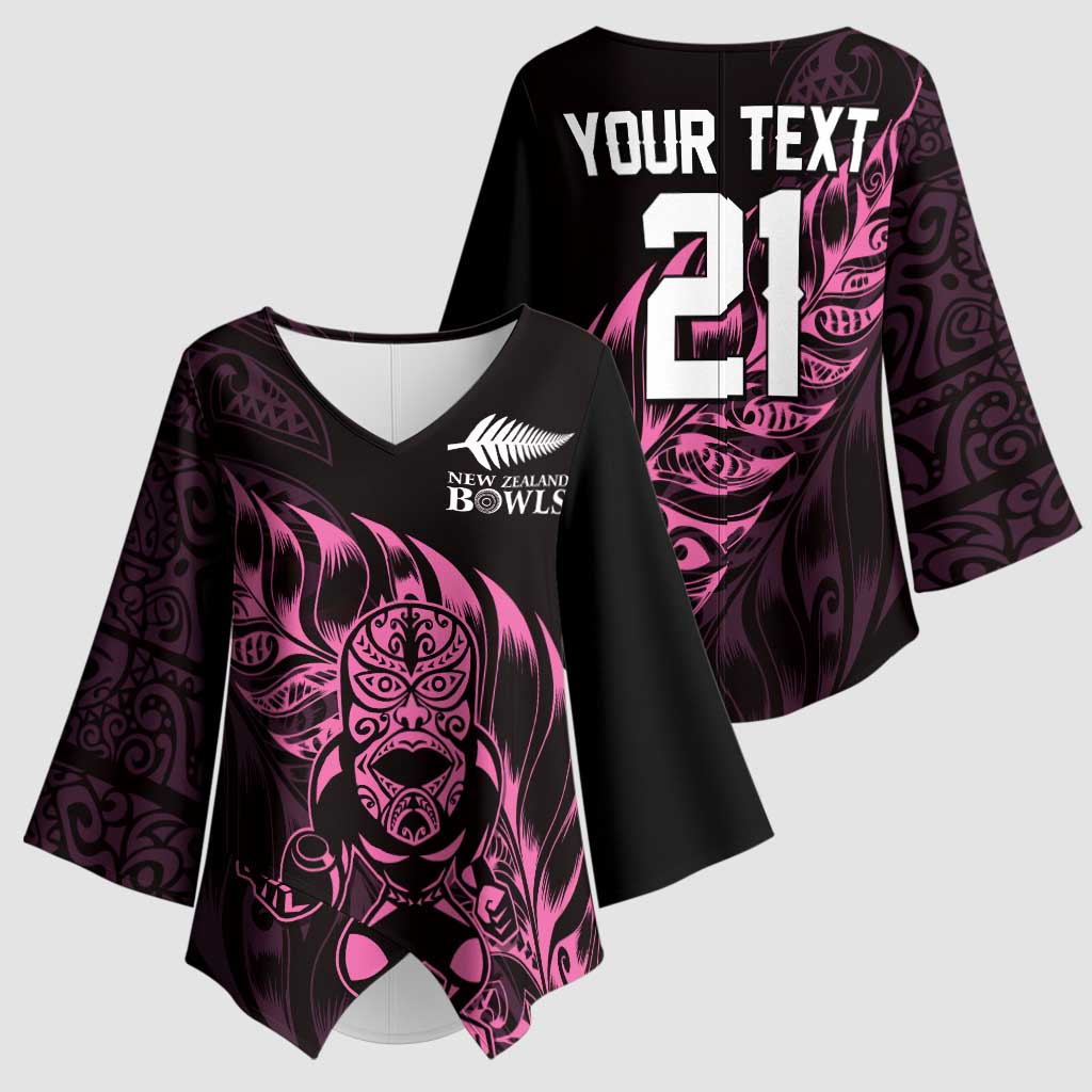 New Zealand Lawn Bowls Custom Kimono Sleeve Blouse Pink Maori Warrior Tribal Silver Fern - Polynesian Pride