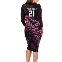 New Zealand Lawn Bowls Custom Long Sleeve Bodycon Dress Pink Maori Warrior Tribal Silver Fern LT9 - Polynesian Pride