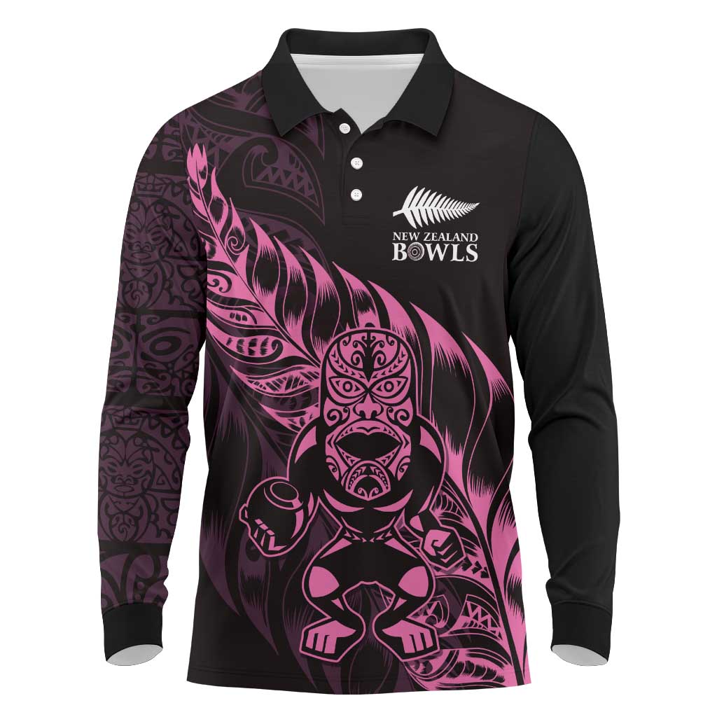 New Zealand Lawn Bowls Custom Long Sleeve Polo Shirt Pink Maori Warrior Tribal Silver Fern LT9 Pink - Polynesian Pride