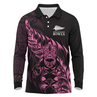 New Zealand Lawn Bowls Custom Long Sleeve Polo Shirt Pink Maori Warrior Tribal Silver Fern LT9 Pink - Polynesian Pride