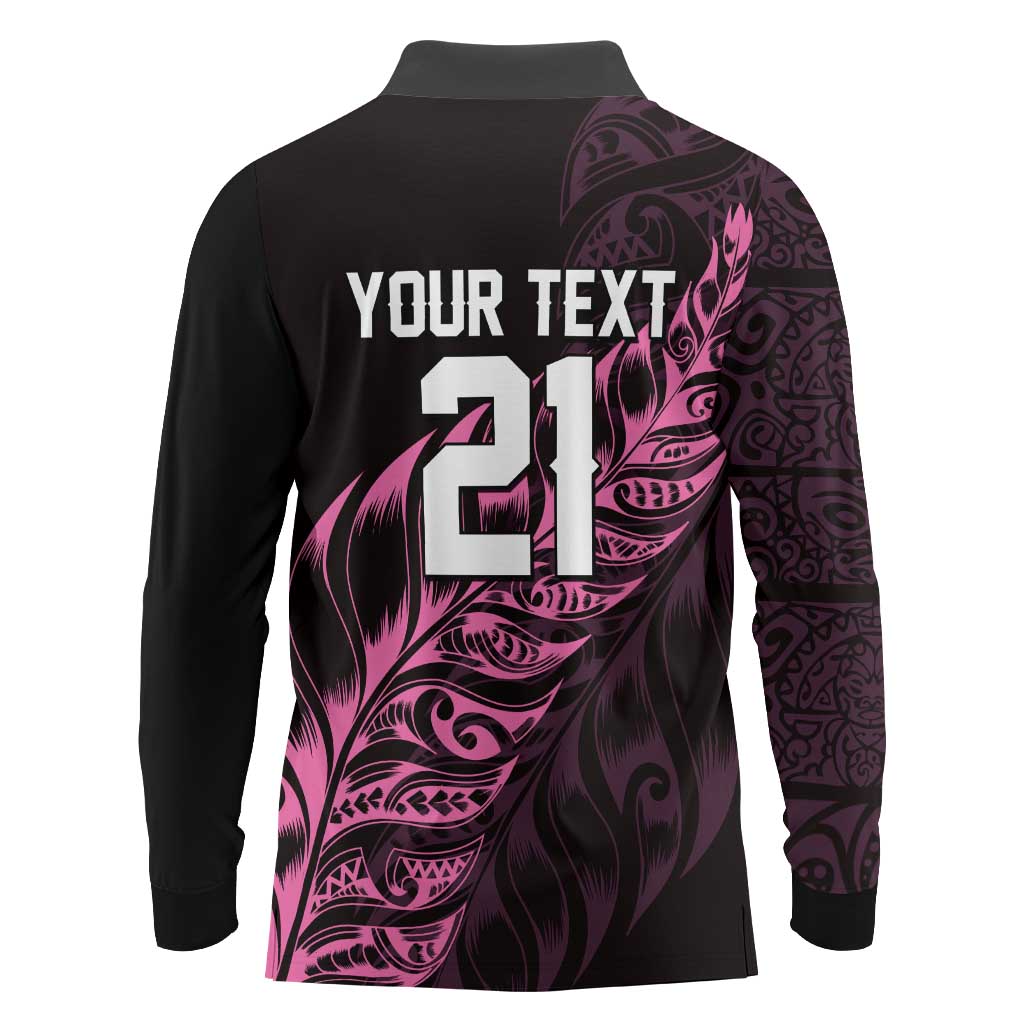 New Zealand Lawn Bowls Custom Long Sleeve Polo Shirt Pink Maori Warrior Tribal Silver Fern LT9 - Polynesian Pride