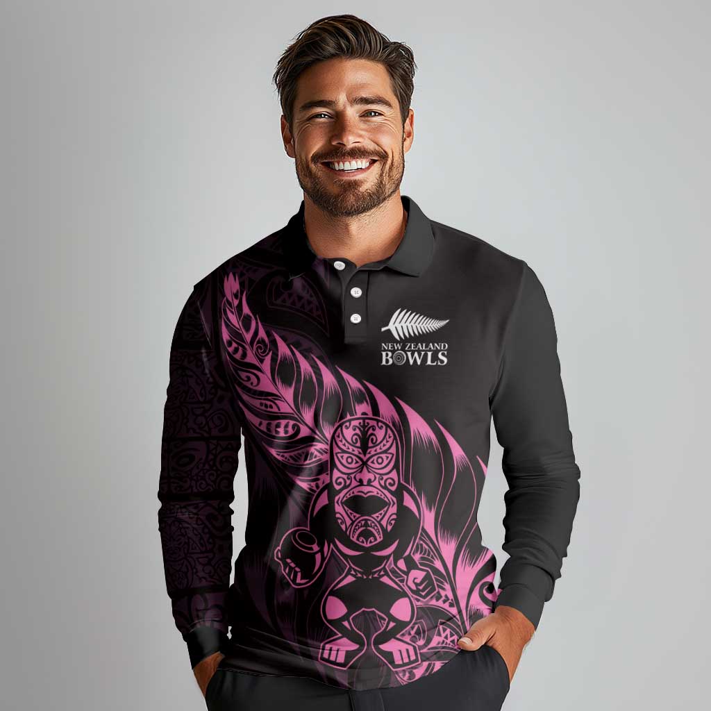 New Zealand Lawn Bowls Custom Long Sleeve Polo Shirt Pink Maori Warrior Tribal Silver Fern LT9 - Polynesian Pride