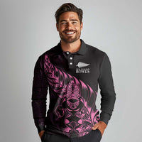 New Zealand Lawn Bowls Custom Long Sleeve Polo Shirt Pink Maori Warrior Tribal Silver Fern LT9 - Polynesian Pride
