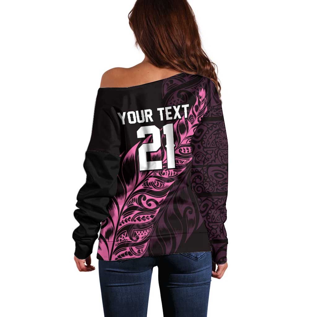 New Zealand Lawn Bowls Custom Off Shoulder Sweater Pink Maori Warrior Tribal Silver Fern - Polynesian Pride