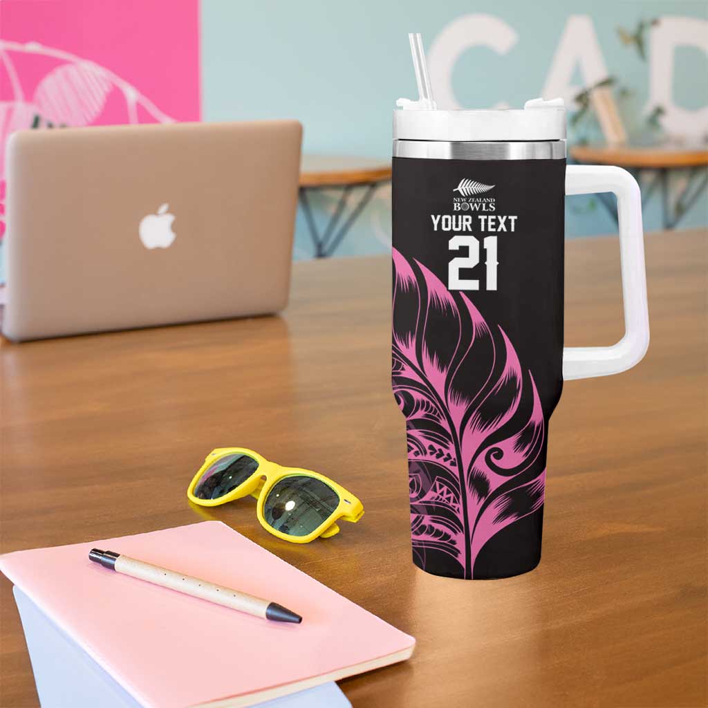 New Zealand Lawn Bowls Custom Tumbler With Handle Pink Maori Warrior Tribal Silver Fern - Polynesian Pride