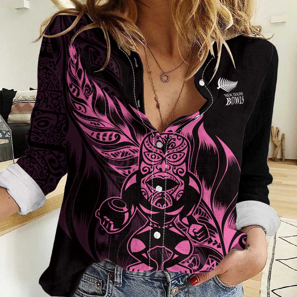 New Zealand Lawn Bowls Custom Women Casual Shirt Pink Maori Warrior Tribal Silver Fern LT9 Female Pink - Polynesian Pride